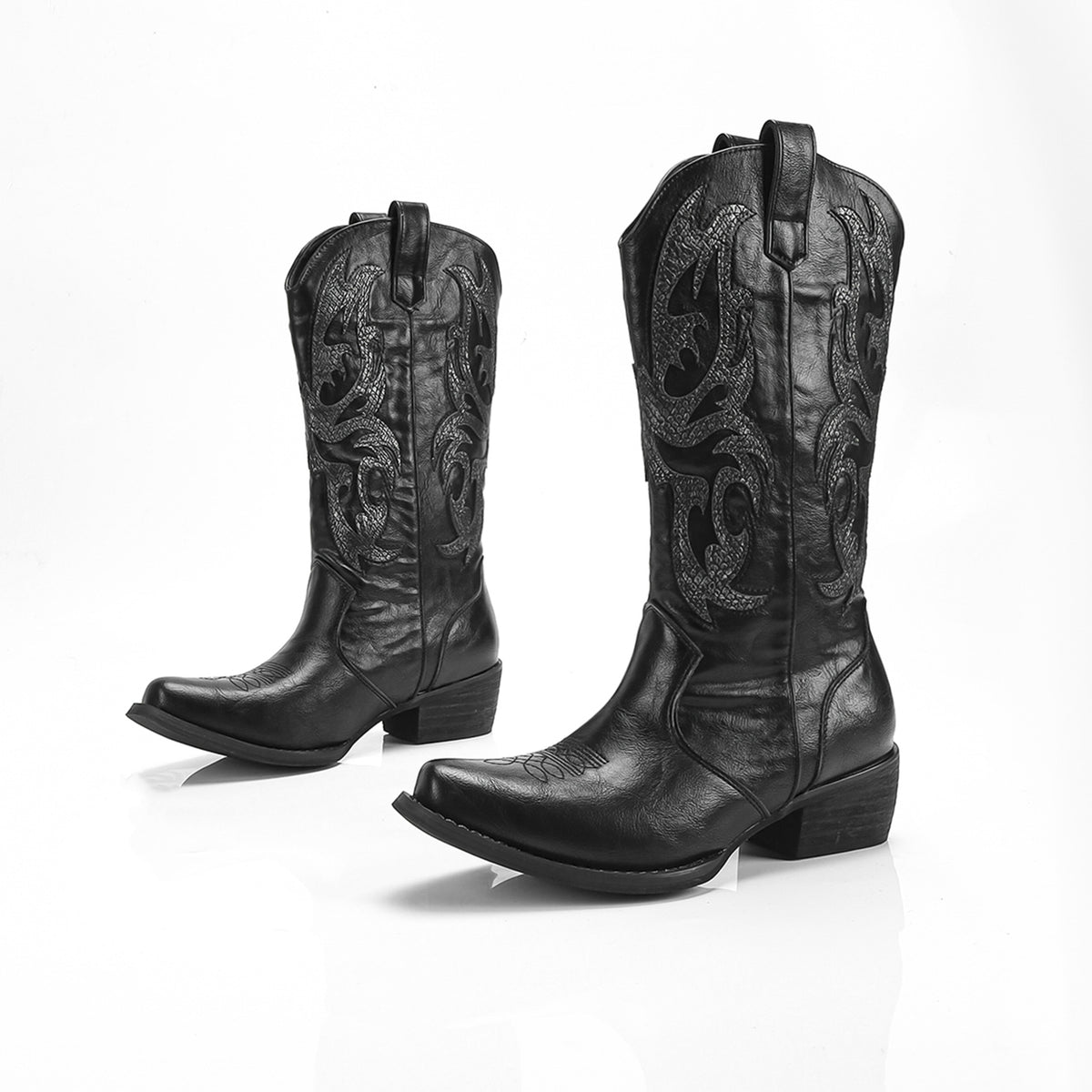 The Knee Middle Vintage Embroidery Square Toe Chunky Women's Leather Boots