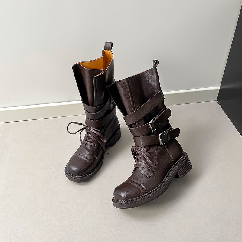 Women's Thick Bottom Chunky Brushed Martin British Style Belt Women's Leather Boots