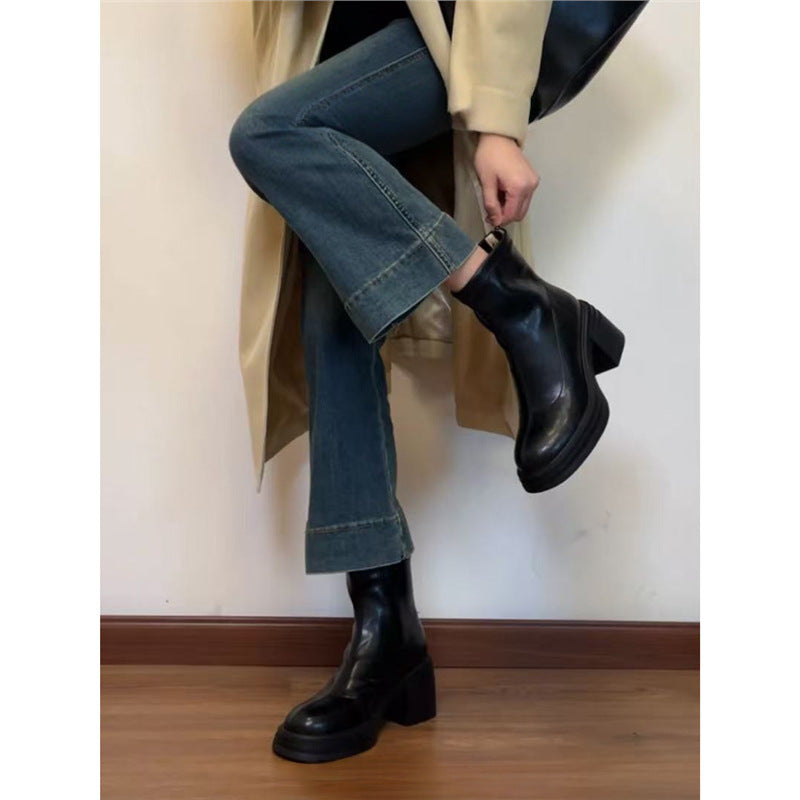 High Skinny Ankle Female Square Toe Rear Zipper Martin Women's Leather Boots