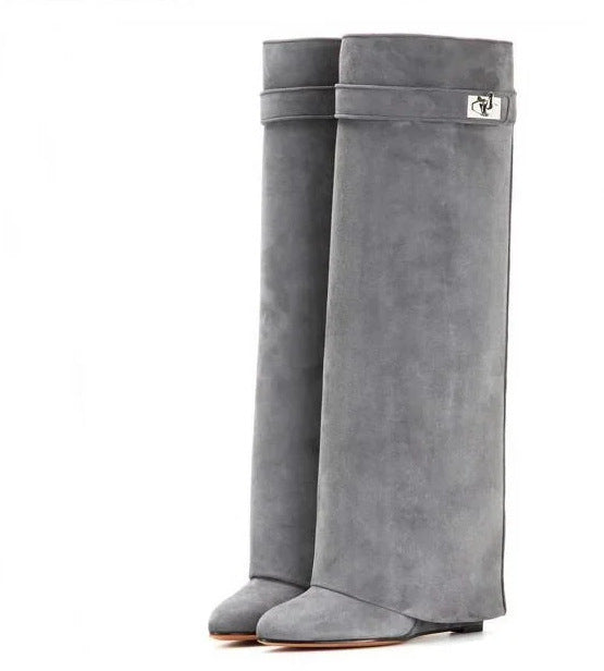 Women's Circumference Straight Pointed Buckle Shark Long Boots