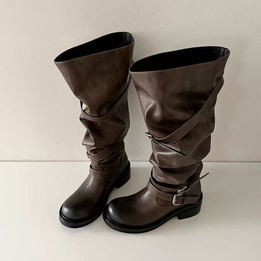 Version Classic Knight Martin Solid Color Belt Buckle Pile Style Women's Leather Boots