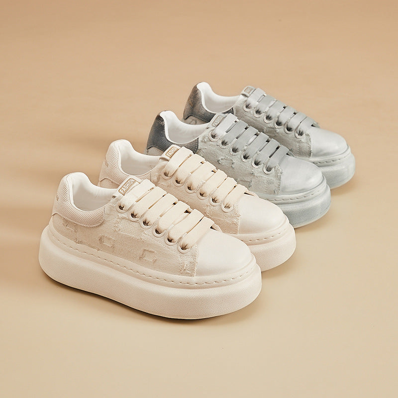 Women's White Autumn Retro Platform Hight Increasing Board Women's Casual Shoes