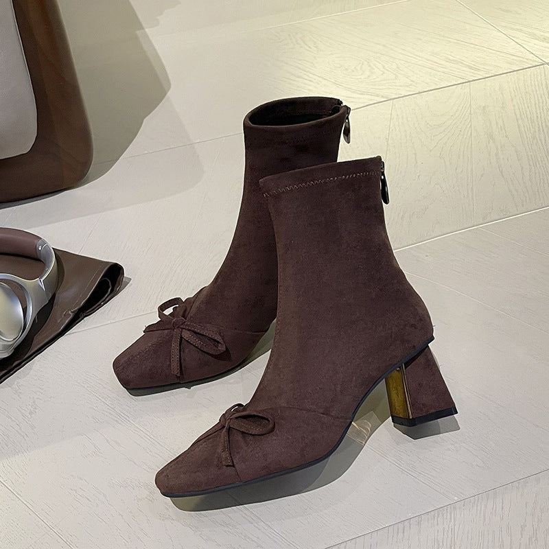 Women's Bow Back Zipper Temperament Square Toe High Short Thick Women's Leather Boots