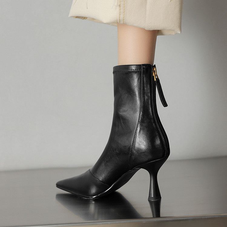 Women's Pointed Ankle Stiletto Zip Cowhide Fashion Brown Heels