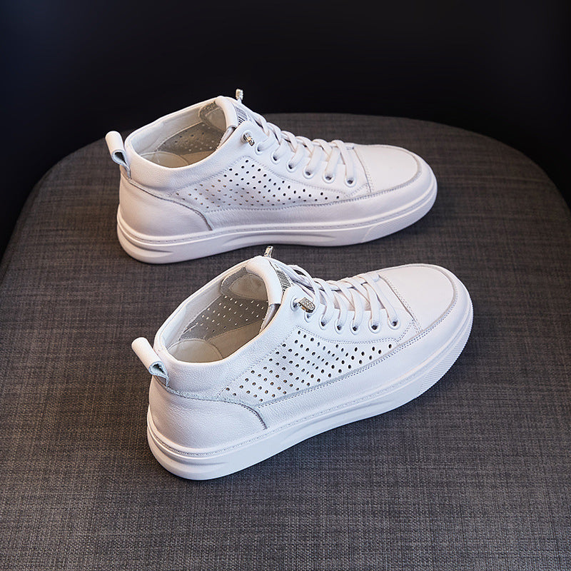 Women's Summer High Top White First Layer Cowhide Breathable Flat Leisure Heels