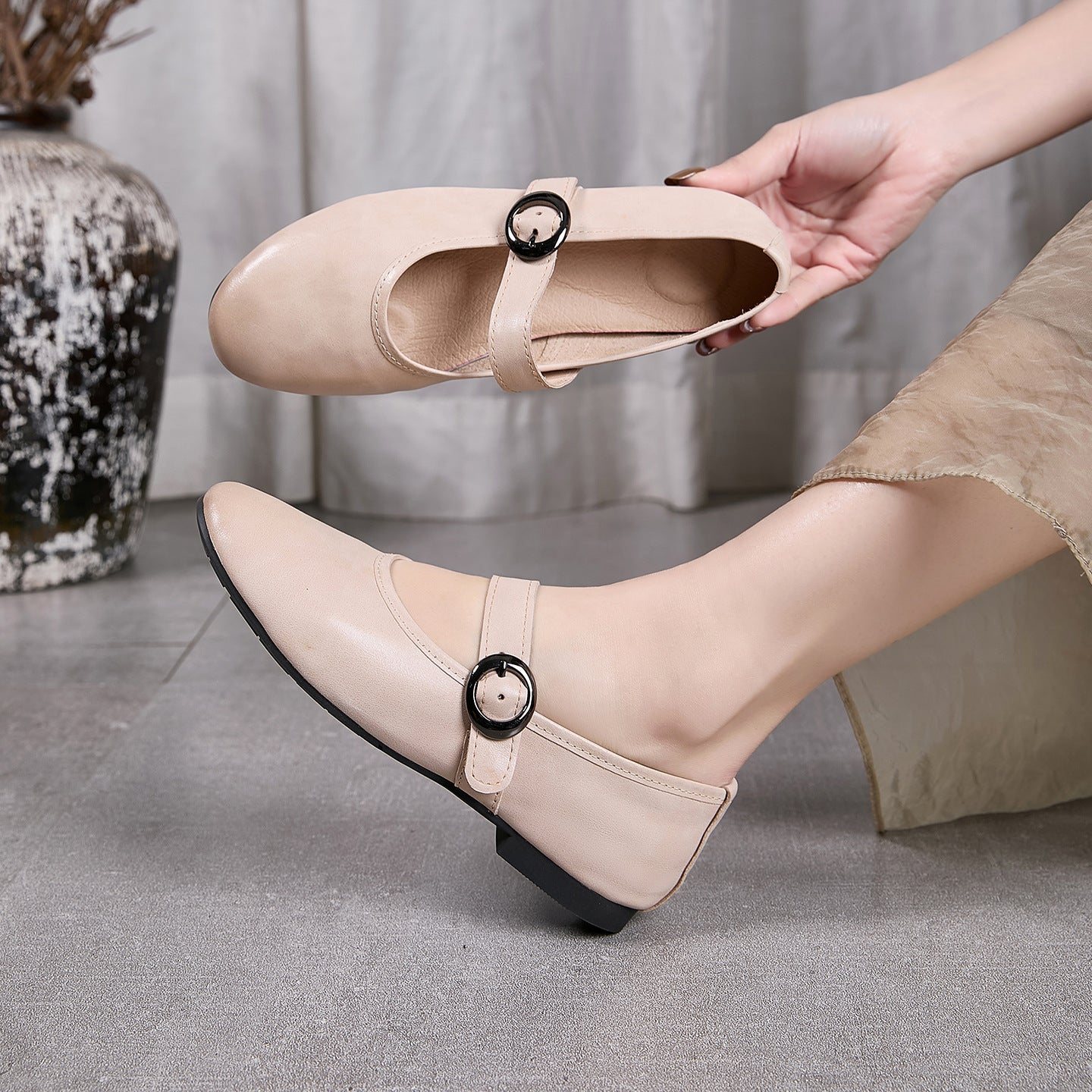 Women's Genuine Mary Jane Pointed Buckle Pink Soft Bottom Women's Casual Shoes