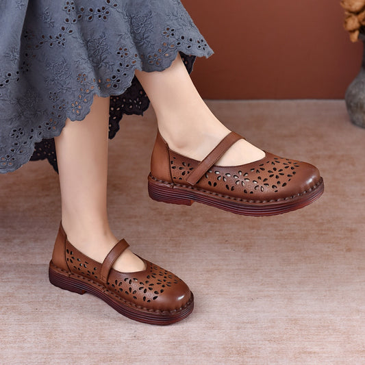 Women's Summer Cowhide Round Toe Velcro Soft Bottom Lightweight Loafers