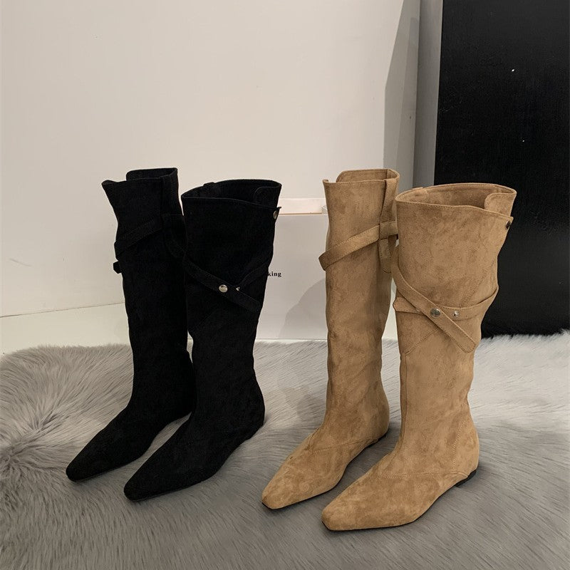 Women's Retro Low Tall Knight Two-way Pile Western Heels