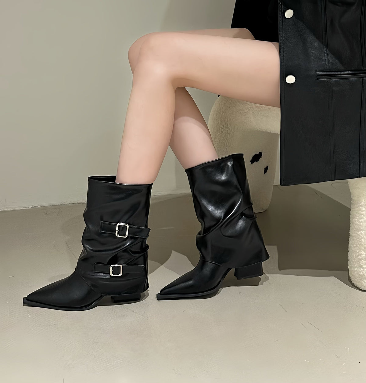 Women's Skinny For Thick Pleated Pile Style Women's Leather Boots