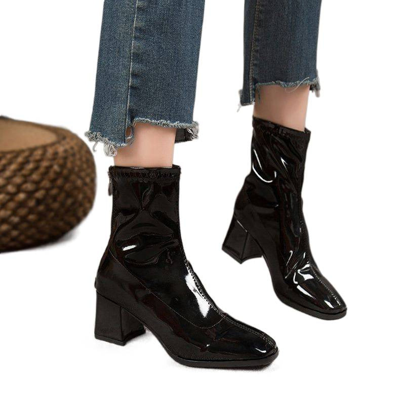 Women's French Style Square Toe Chunky Short High Western Rear Zipper Women's Leather Boots