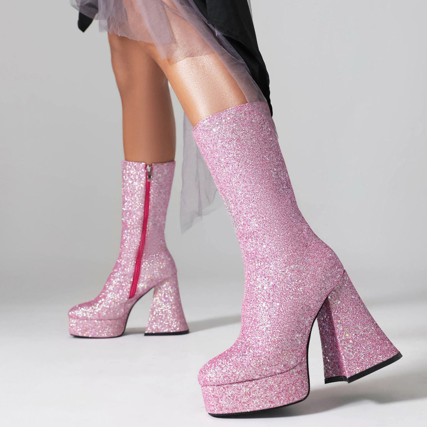 Square Toe High Chunky Sequined Horn Fashion Boots