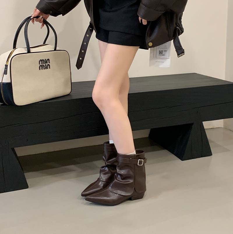 Chunky Martin Pointed Pleated Pile Style Sleeve Boots