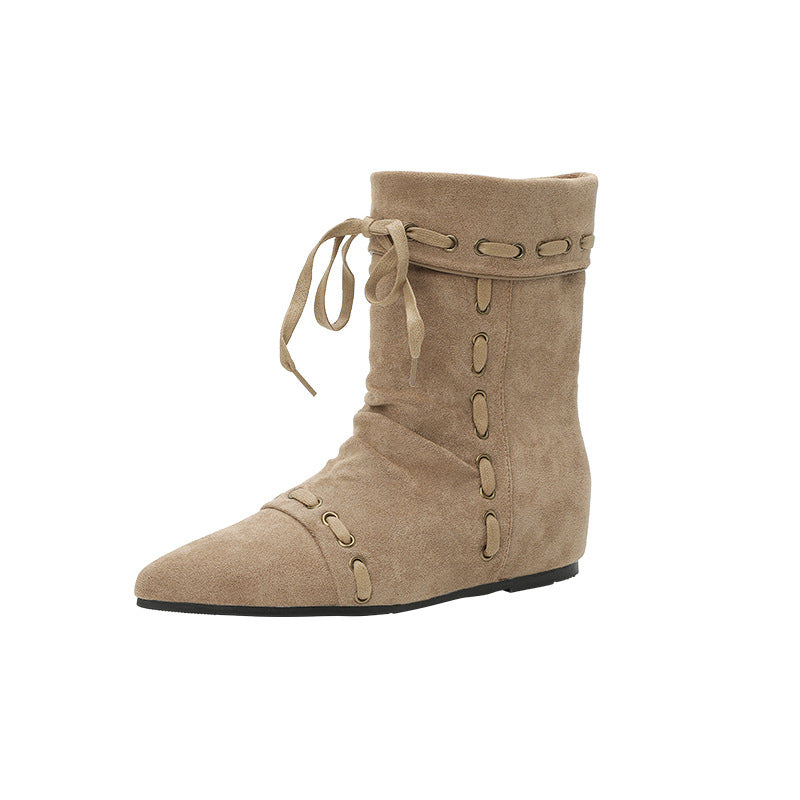 Women's French Style Height Increasing Insole Western Pointed Toe Flat Ankle Women's Leather Boots