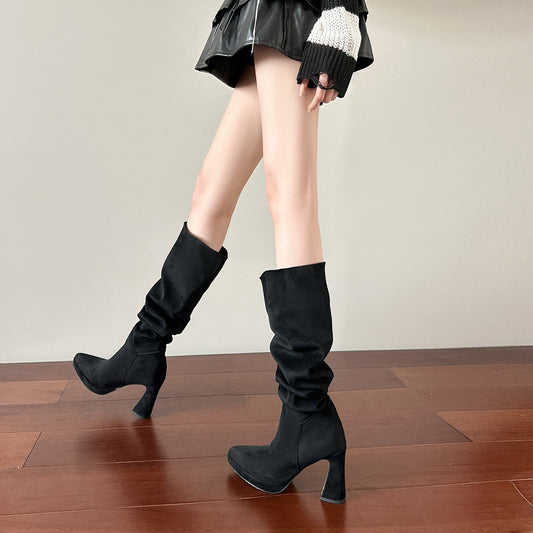 Style Waterproof Platform Thick Black Versatile Women's Leather Boots