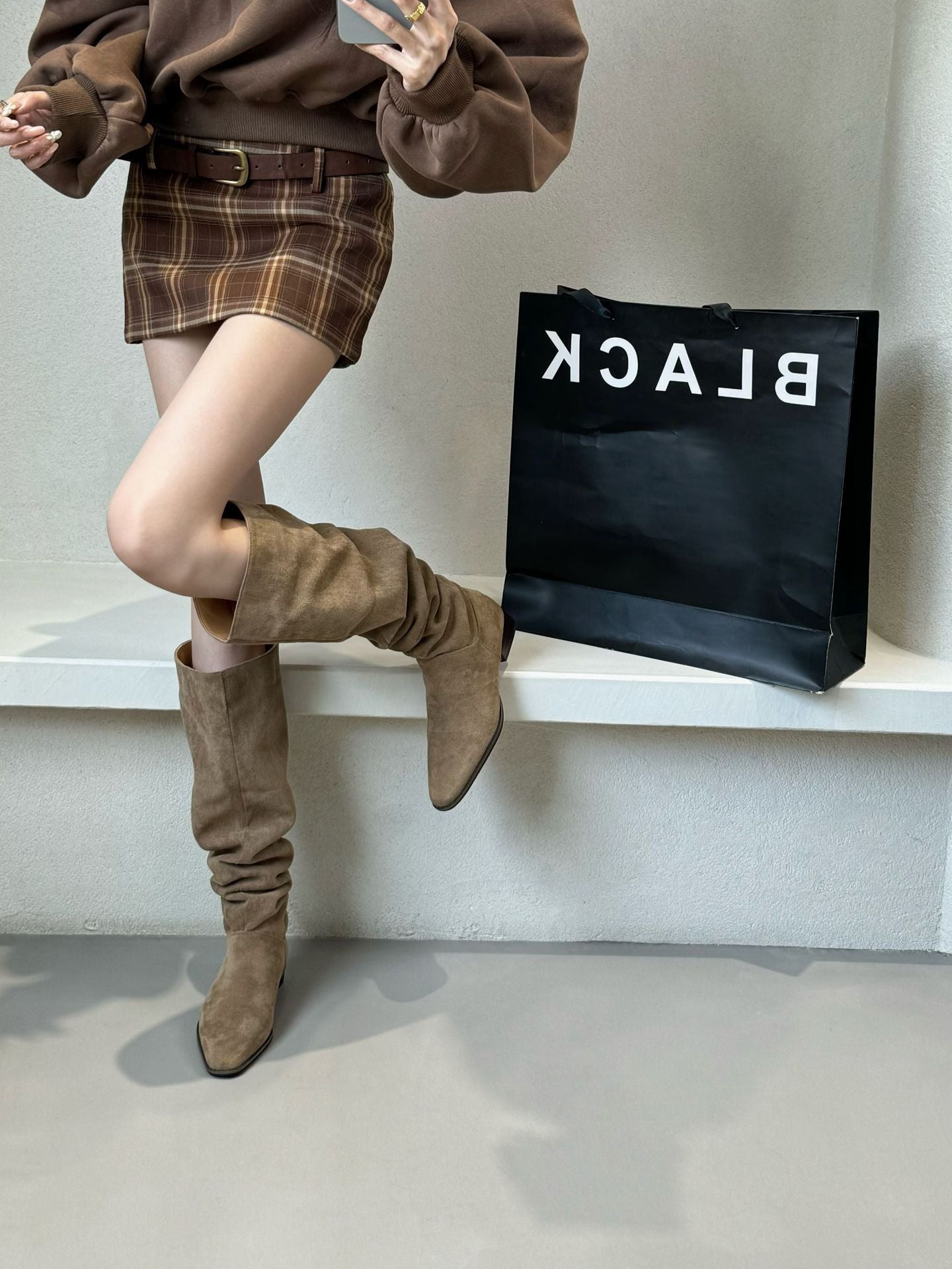 Style Retro Pointed Suede Long Female Wide Tube Boots