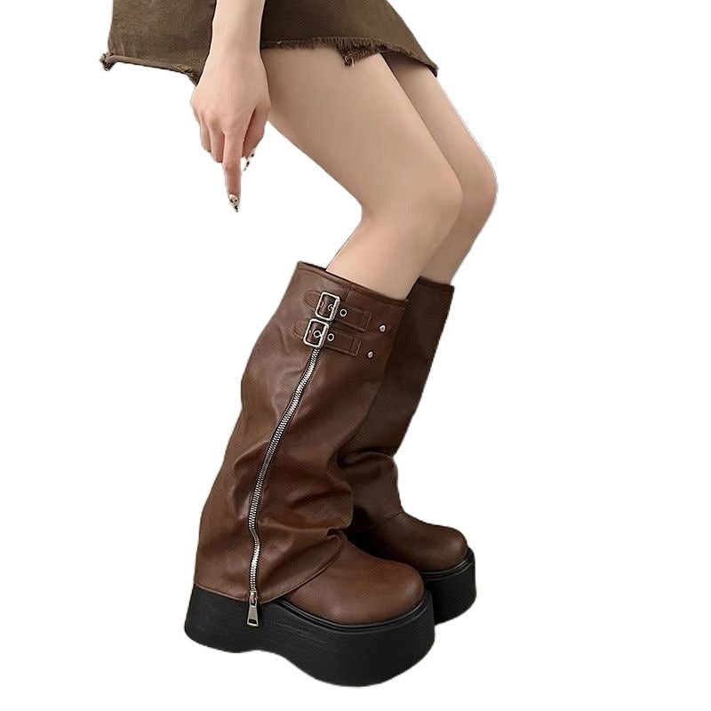 Thick Bottom Increased Retro Long Female Slip-on Boots