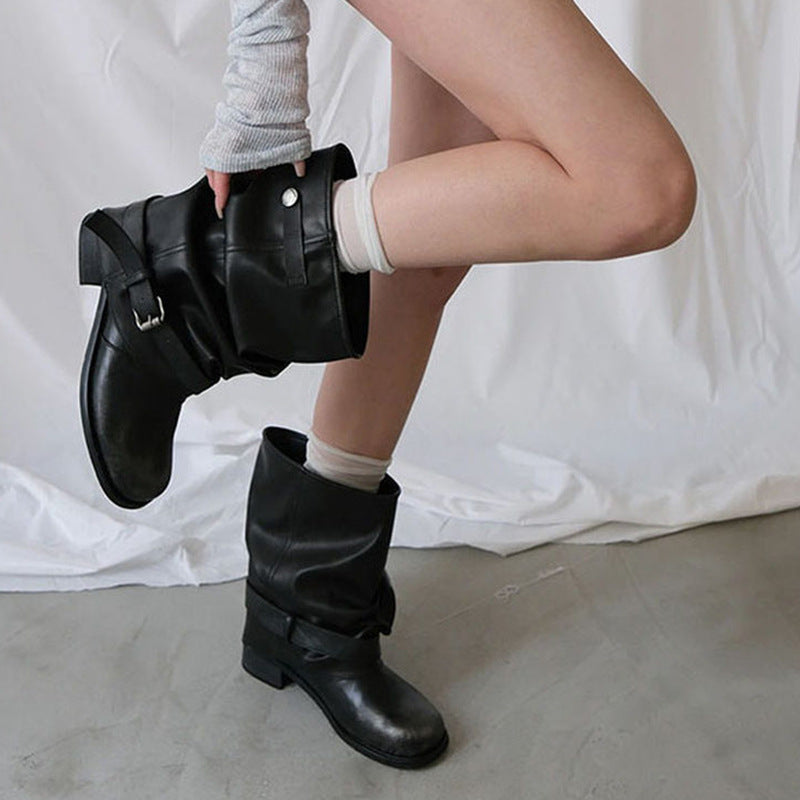 Women's Cowhide Version Large Tube Circumference Pleated Pile Style Western Cowboy Heels