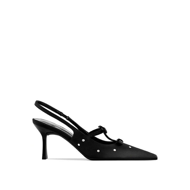Design Rhinestone Bow Sexy Black Stiletto Square Toe Beautiful Heels