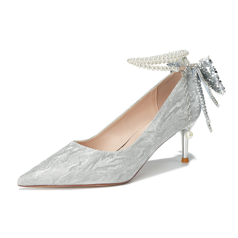 Women's Bow Glitter Stiletto Pointed Wedding Dress Women's Fashion Shoes