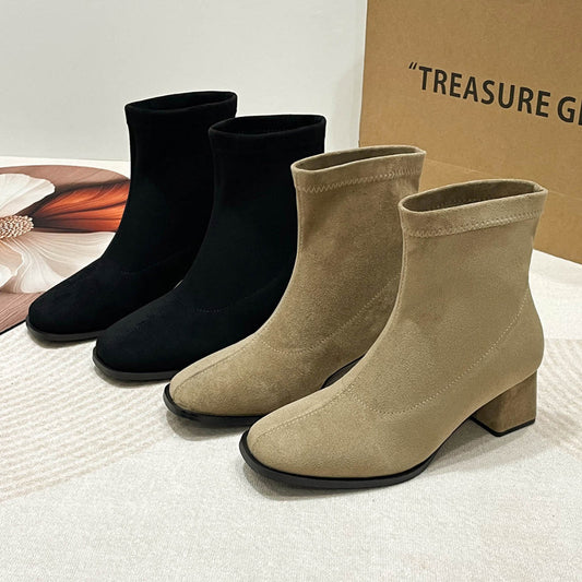 Women's Suede Fashion Stretch Square Toe Chunky Boots