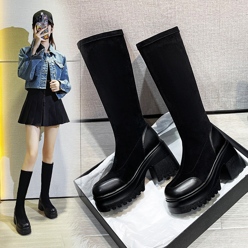 Women's Stretch Autumn Platform Speed Trainer Socks Women's Leather Boots