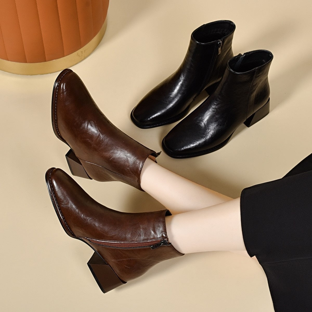 Women's Chelsea Fleece Lined Square Toe Western Style Booties Chunky Women's Leather Boots