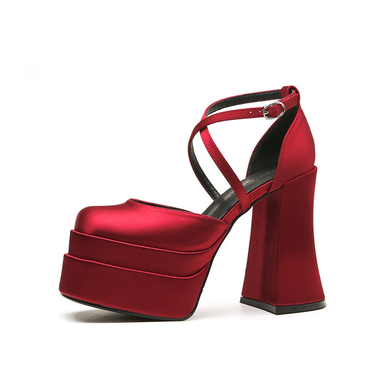 Women's Square Toe Chunky Hollow Waterproof Platform Super High Wedding Heels