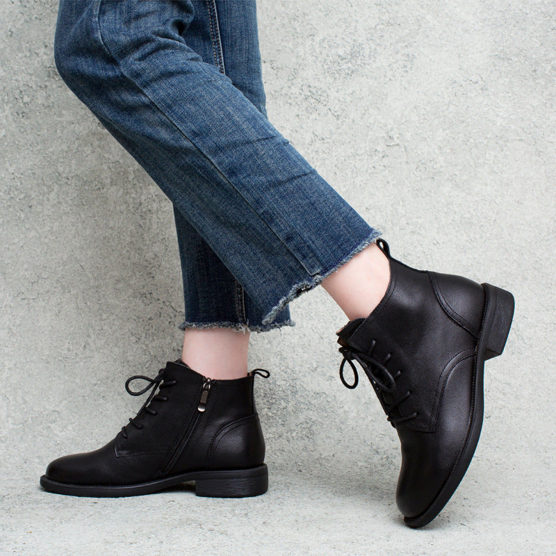 British Style Cow Round Toe Side Zipper Flat Boots