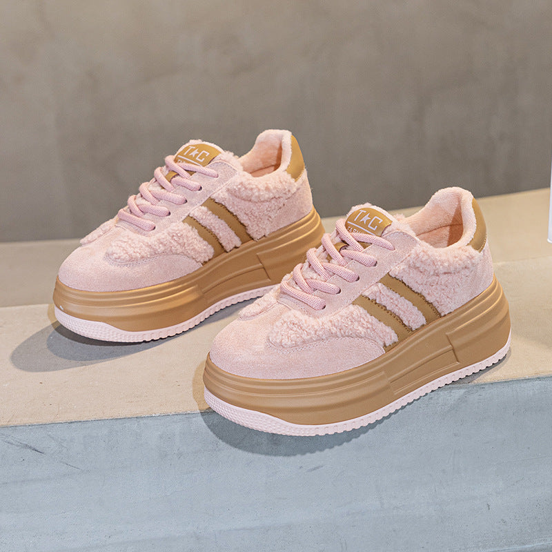Women's Cotton Platform Height Increasing Insole Genuine Lamb Fur Sneakers