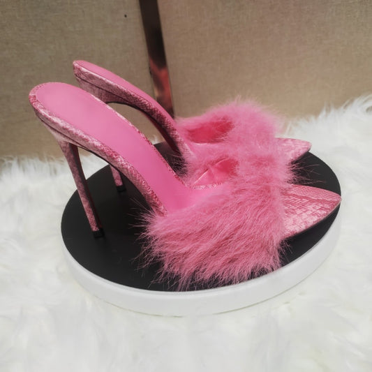 Plaid Feather Mules Roman Pointed Stiletto Heels