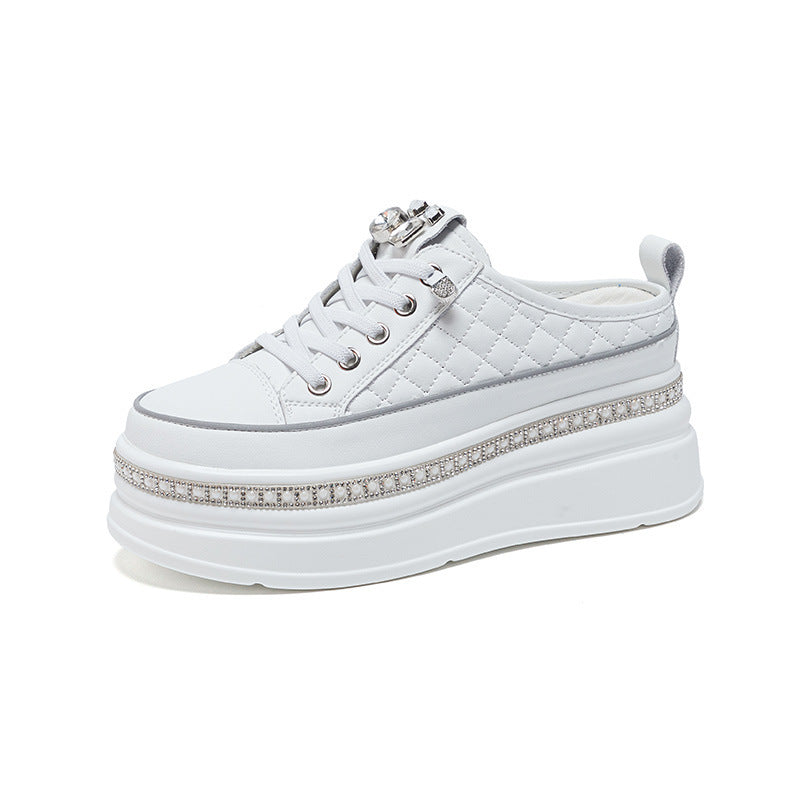 Women's Muffin Height Increasing Insole Pearl Rhinestone Classic Style White Women's Casual Shoes