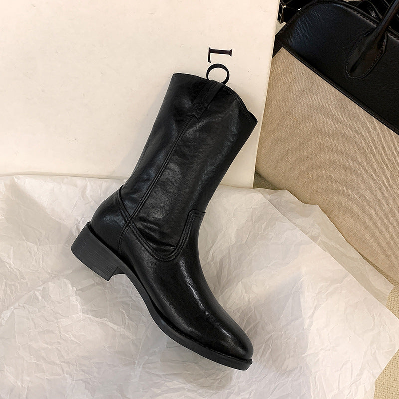 Women's Round Toe V Cut Motorcycle Chunky Retro Snow Boots