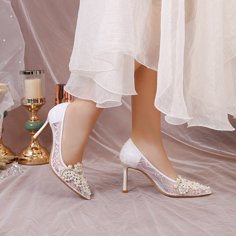 Women's High Hollowed Pumps Mesh Pearl Stiletto Heels
