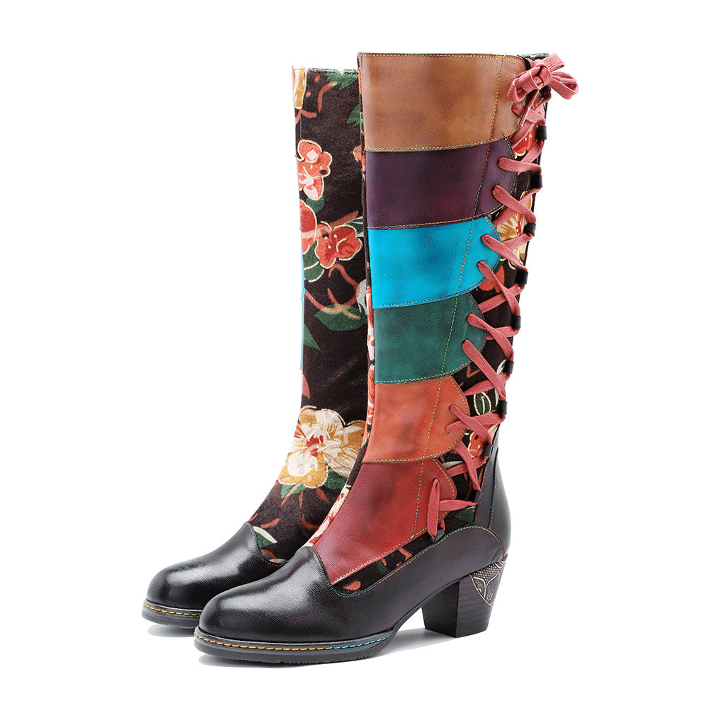 Hand-rub Color Printing Colored Mosaic Lace Up Chunky Boots