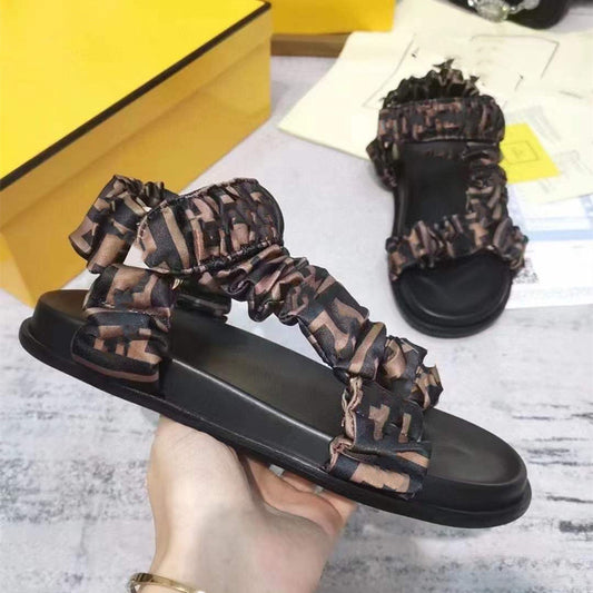 Platform Satin Drawstring For Outdoors Beach Pleated Flat Sandals