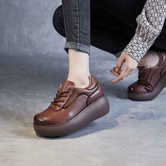 Women's First Layer Cowhide Retro Lace Up Pumps Versatile Wedge Casual Shoes