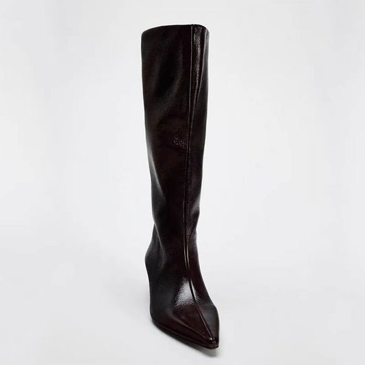 British Style Pointed Toe Below The Knee Large Circumference Women's Leather Boots