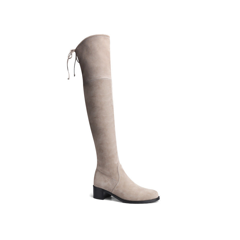 Women's Fleece-lined Tall Knight Chunky Stretch Over Women's Leather Boots