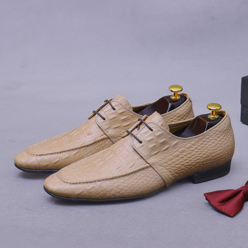 Men's Layer Cowhide Round Head Alligator Pattern Trendy Derby Men's Shoes