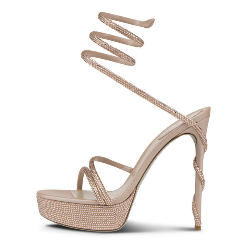 Women's Waterproof Platform Super Stiletto Snake-shaped Rao Strap Large Size For Heels