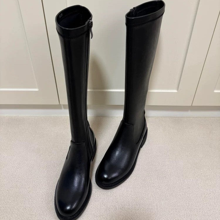 Women's Simple Graceful Round Head Chunky Knight Side Zipper Long Tube Women's Leather Boots