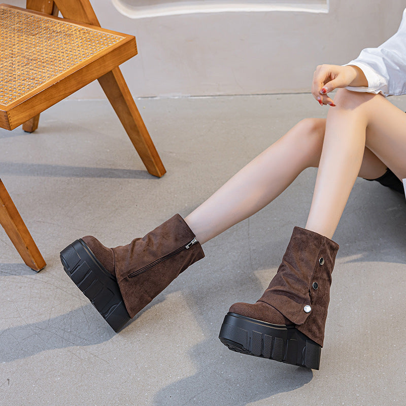 Women's High-rise Pantyhose Solid Color Simple Booties Round Toe Women's Leather Boots