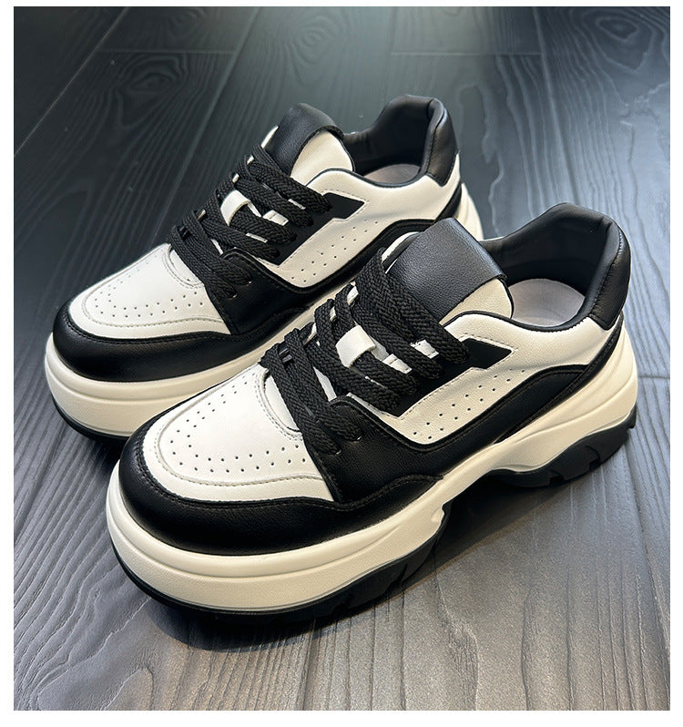 Women's Platform White Lace Up Increased Versatile Leather Shoes