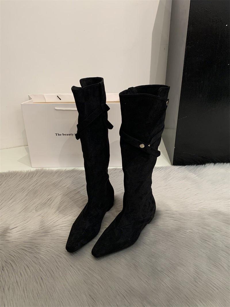 Women's Retro Low Tall Knight Two-way Pile Western Heels