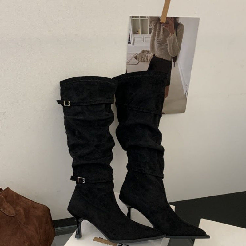 Pile Style Knight Pleated Retro Thin Black Women's Leather Boots