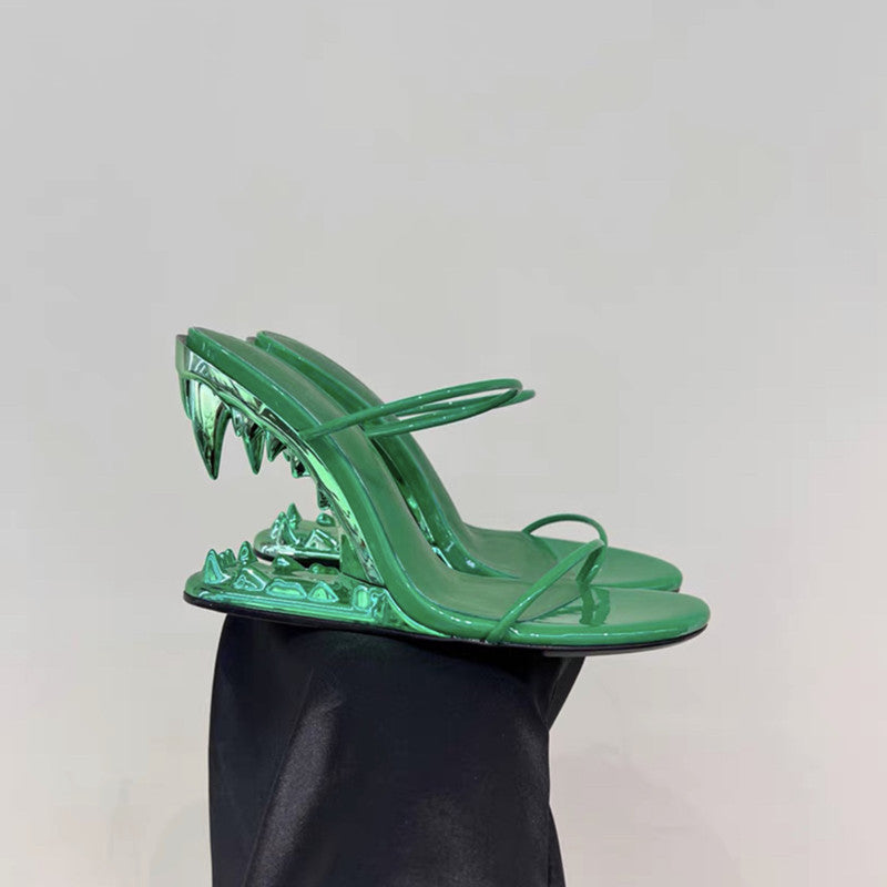Metal Giant Tooth Tiger Abnormal Shape Open Toe Heels