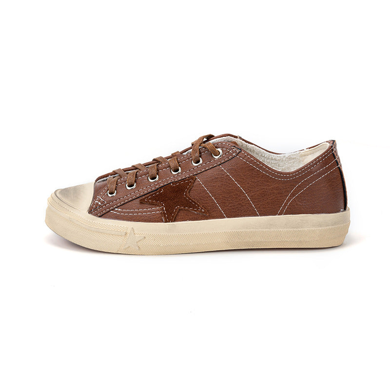 Cowhide Distressed Dirty Retro Lace Up Star Pattern Female Golden Women's Casual Shoes