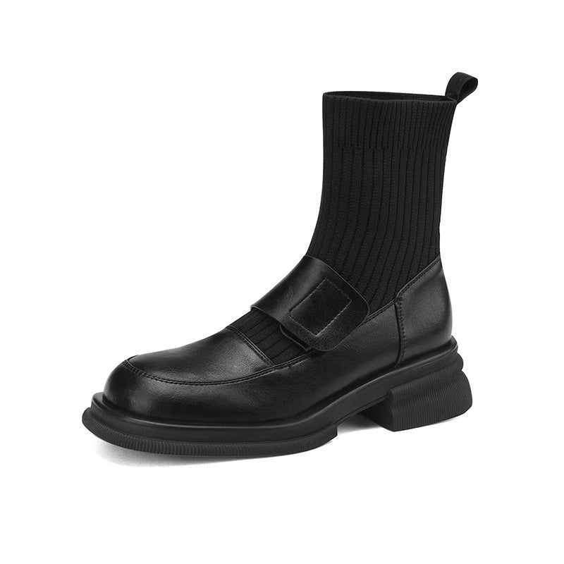 Women's One Genuine Retro Round Head Ankle Knitted Sock Chunky Women's Leather Boots