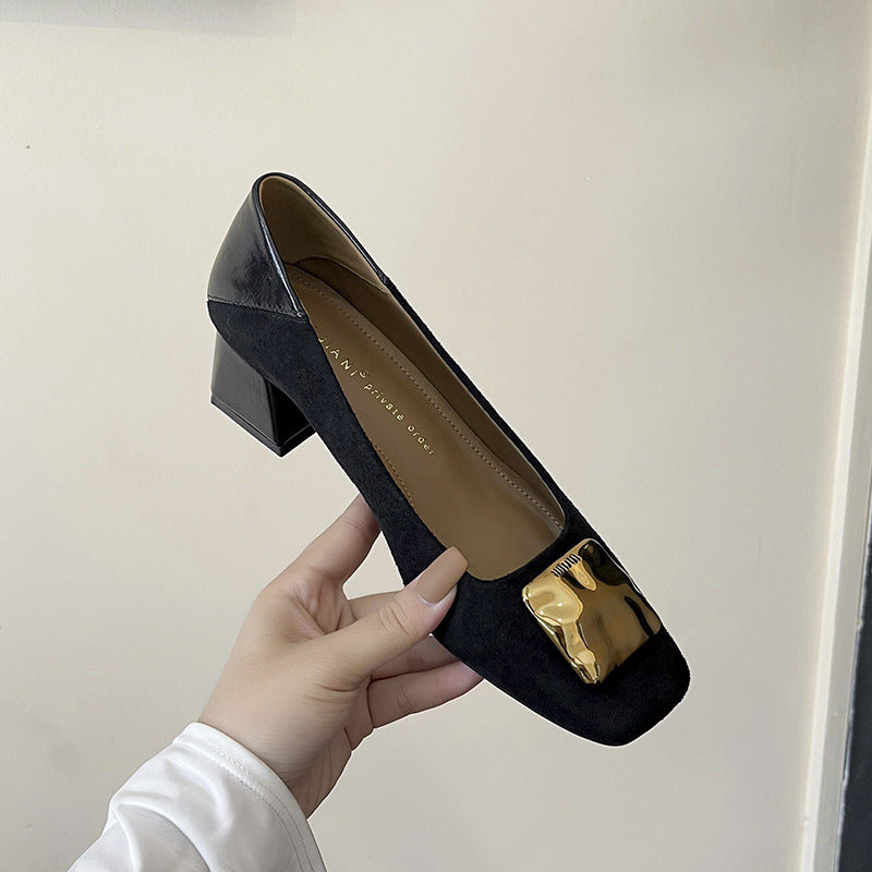 Women's Cashmere Square Toe Chunky Pumps Belt Mary Heels