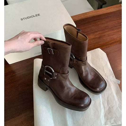 Mom Metal Buckle Round Toe Vintage Motorcycle Chunky Boots